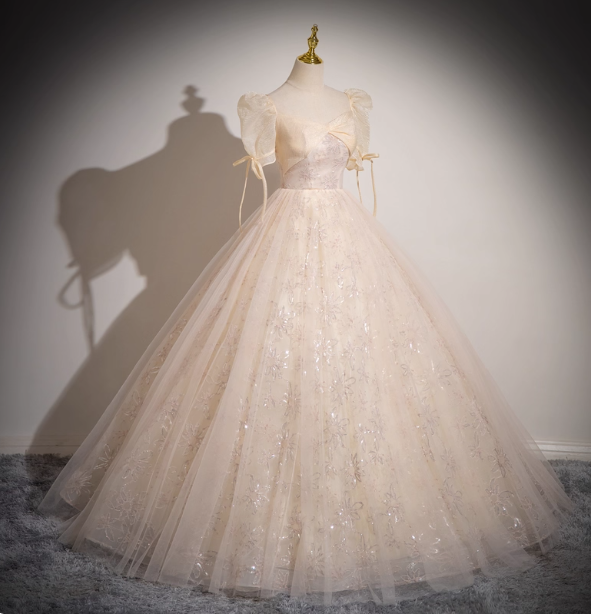 Princess Light Champagne Square Neck Puff Sleeve Bow Tulle Long Ball Gown Prom Dress Sweet 16 Dress
