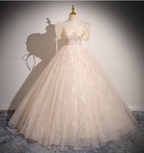Princess Light Champagne Square Neck Puff Sleeve Bow Tulle Long Ball Gown Prom Dress Sweet 16 Dress