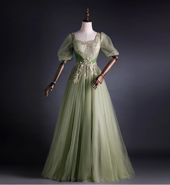 Princess Light Green Square Neck Puff Sleeve Gold Embroidery Tulle Ball Gown Prom Dress Sweet 16 Dress