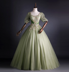 Princess Light Green Square Neck Puff Sleeve Gold Embroidery Tulle Ball Gown Prom Dress Sweet 16 Dress