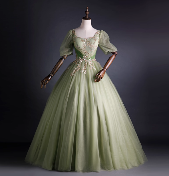 Princess Light Green Square Neck Puff Sleeve Gold Embroidery Tulle Ball Gown Prom Dress Sweet 16 Dress