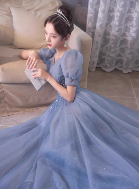 Princess Light Haze Blue Puff Sleeve A-Line Tulle Long Classy Prom Dress Secondary image