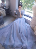 Princess Light Haze Blue Puff Sleeve A-Line Tulle Long Classy Prom Dress