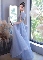Princess Light Haze Blue Puff Sleeve A-Line Tulle Long Classy Prom Dress