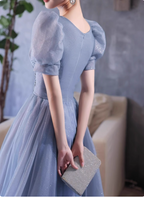 Princess Light Haze Blue Puff Sleeve A-Line Tulle Long Classy Prom Dress