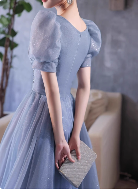Princess Light Haze Blue Puff Sleeve A-Line Tulle Long Classy Prom Dress