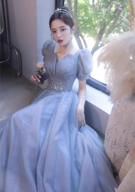 Princess Light Haze Blue Puff Sleeve A-Line Tulle Long Classy Prom Dress Main image