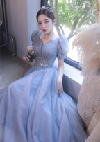 Princess Light Haze Blue Puff Sleeve A-Line Tulle Long Classy Prom Dress