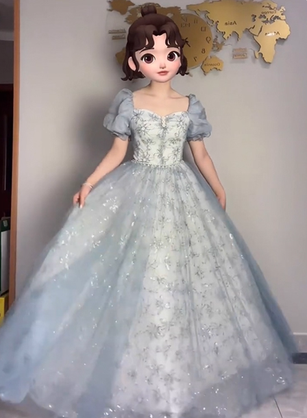 Princess Light Haze Blue Puffed Sleeve Embroidered Sequin Tulle Long Classy Prom Dress