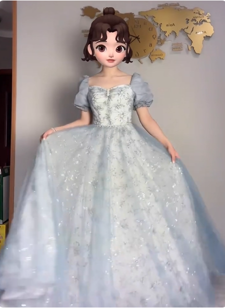 Princess Light Haze Blue Puffed Sleeve Embroidered Sequin Tulle Long Classy Prom Dress