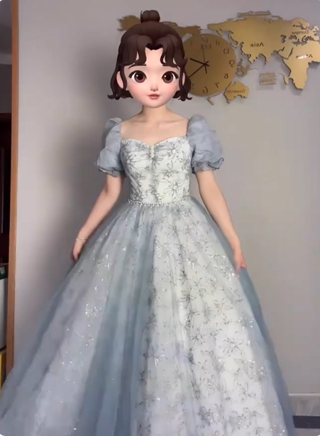 Princess Light Haze Blue Puffed Sleeve Embroidered Sequin Tulle Long Classy Prom Dress