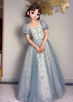 Princess Light Haze Blue Puffed Sleeve Embroidered Sequin Tulle Long Classy Prom Dress
