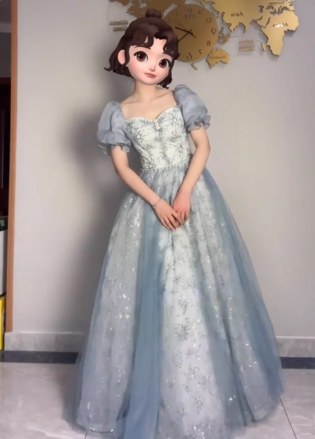 Princess Light Haze Blue Puffed Sleeve Embroidered Sequin Tulle Long Classy Prom Dress