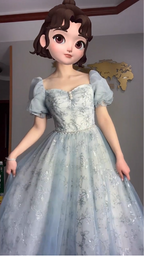 Princess Light Haze Blue Puffed Sleeve Embroidered Sequin Tulle Long Classy Prom Dress