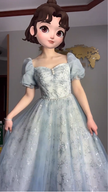 Princess Light Haze Blue Puffed Sleeve Embroidered Sequin Tulle Long Classy Prom Dress