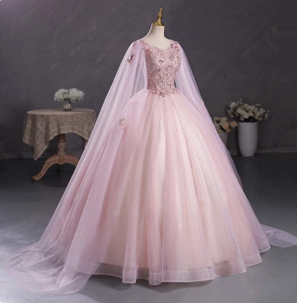 Princess Light Pink Crew Neck Cape Embroidered Tulle Ball Gown Prom Dress Sweet 16 Dress