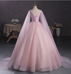 Princess Light Pink Crew Neck Cape Embroidered Tulle Ball Gown Prom Dress Sweet 16 Dress