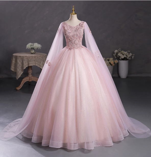 Princess Light Pink Crew Neck Cape Embroidered Tulle Ball Gown Prom Dress Sweet 16 Dress