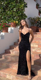 Black Shiny Elegant Princess Sequins Spaghetti Straps Long Ball Gown Classy Evening Dress Party Dress