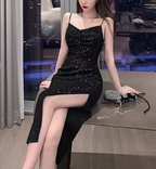 Black Shiny Elegant Princess Sequins Spaghetti Straps Long Ball Gown Classy Evening Dress Party Dress