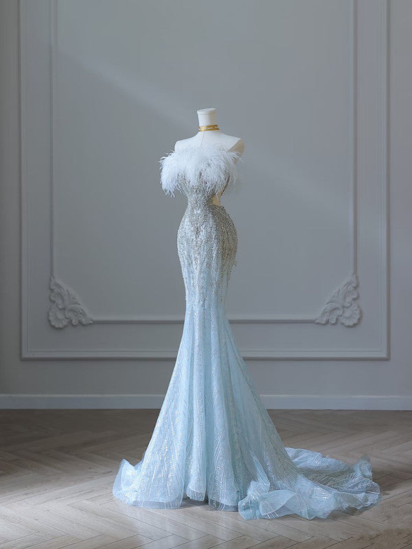 Princess Mermaid Strapless Neckline Long Sequin Light Sky Blue Long Wedding Dress Brides Dress Secondary image