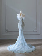 Princess Mermaid Strapless Neckline Long Sequin Light Sky Blue Long Wedding Dress Brides Dress