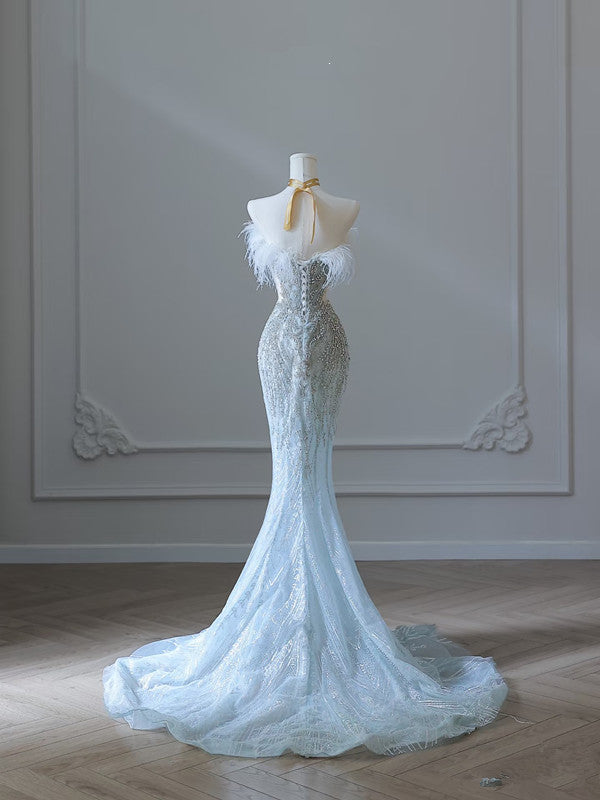 Princess Mermaid Strapless Neckline Long Sequin Light Sky Blue Long Wedding Dress Brides Dress