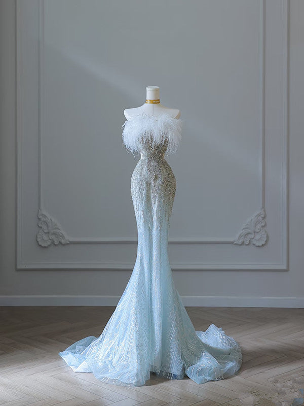 Princess Mermaid Strapless Neckline Long Sequin Light Sky Blue Long Wedding Dress Brides Dress