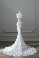 Princess Mermaid Strapless White Lace Long Wedding Dress Brides Dress
