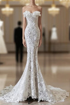 Princess Mermaid Strapless White Lace Long Wedding Dress Brides Dress