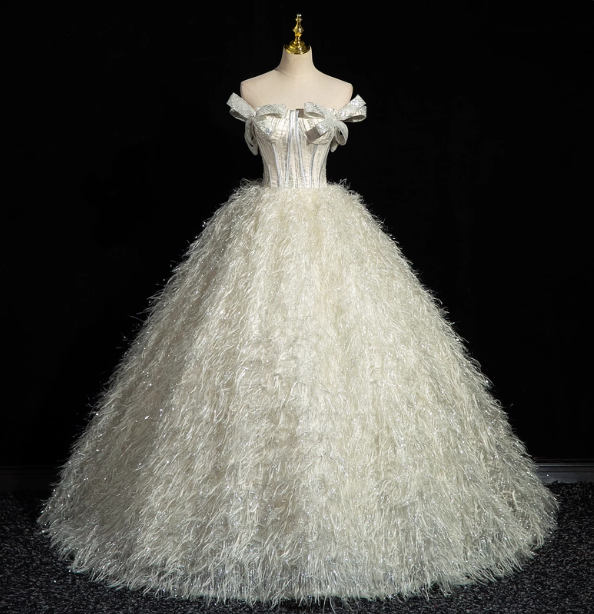 Princess Milk White Bowknot Off-The-Shoulder Feather Tulle Ball Gown Prom Dress Sweet 16 Dress Secondary image