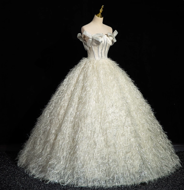 Princess Milk White Bowknot Off-The-Shoulder Feather Tulle Ball Gown Prom Dress Sweet 16 Dress