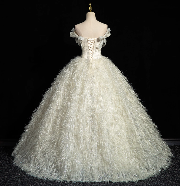 Princess Milk White Bowknot Off-The-Shoulder Feather Tulle Ball Gown Prom Dress Sweet 16 Dress