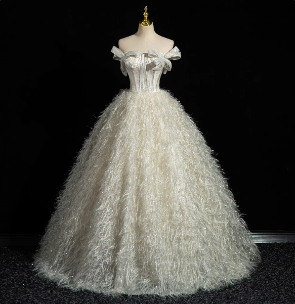 Princess Milk White Bowknot Off-The-Shoulder Feather Tulle Ball Gown Prom Dress Sweet 16 Dress