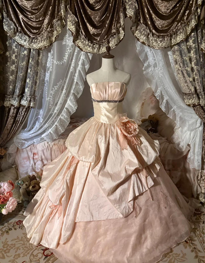 Princess Nude Pink Strapless 3D Floral Satin Train Ball Gown Prom Dress Sweet 16 Dress Secondary image