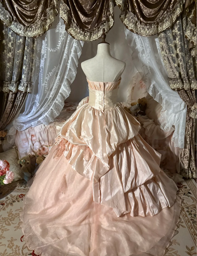 Princess Nude Pink Strapless 3D Floral Satin Train Ball Gown Prom Dress Sweet 16 Dress