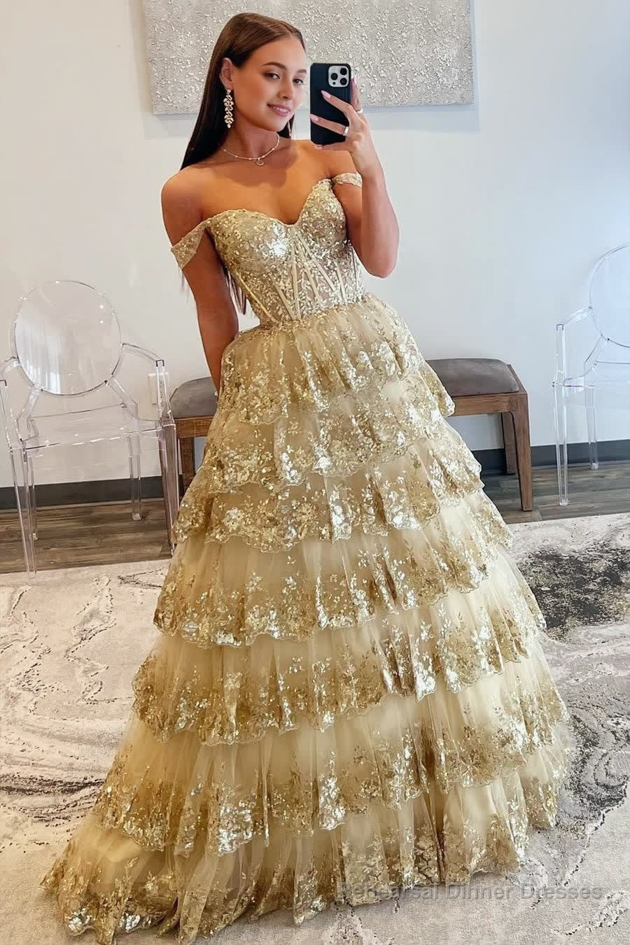 Princess Off the Shoulder Sequined Lace Prom Dress Main image