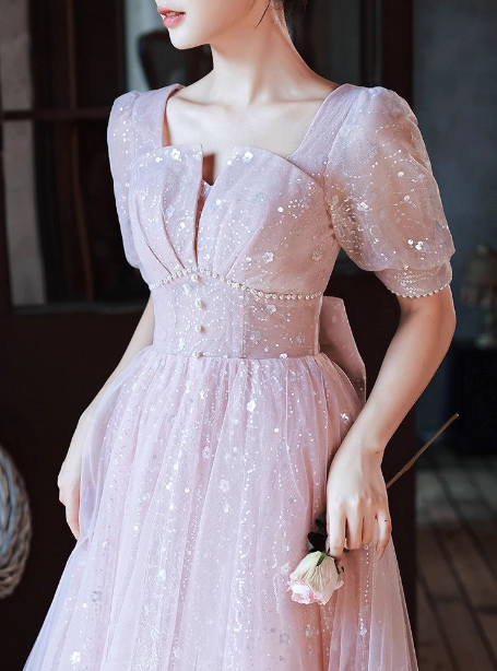 Princess Pink A-Line Square Neck Puff Short Sleeve Bow Tulle Long Classy Prom Dress Secondary image