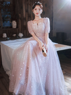 Princess Pink A-Line Square Neck Puff Short Sleeve Bow Tulle Long Classy Prom Dress