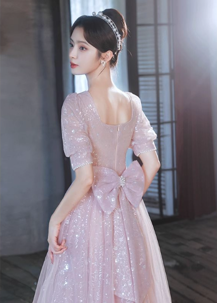 Princess Pink A-Line Square Neck Puff Short Sleeve Bow Tulle Long Classy Prom Dress