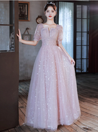 Princess Pink A-Line Square Neck Puff Short Sleeve Bow Tulle Long Classy Prom Dress