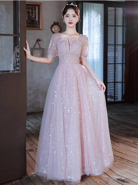 Princess Pink A-Line Square Neck Puff Short Sleeve Bow Tulle Long Classy Prom Dress