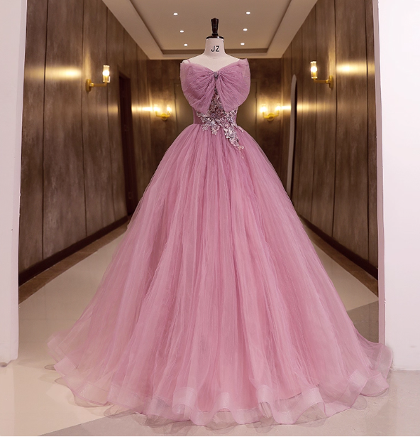 Princess Pink Bow Lace Tulle Ball Gown Prom Dress Sweet 16 Dress