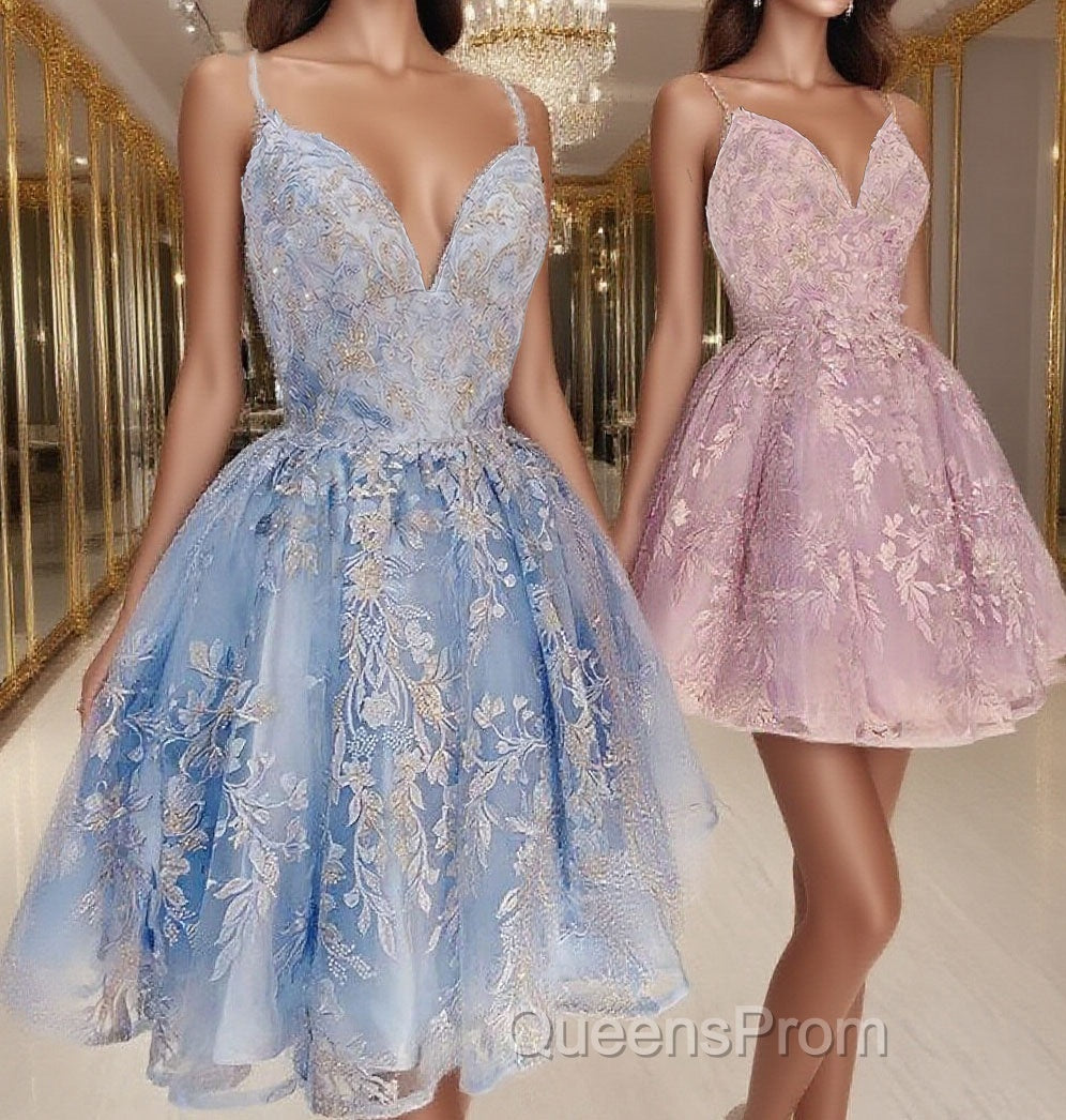 princess pink short homecoming Dress, light sky blue formal homecoming Dress, lace hoco Dress for teens Main image
