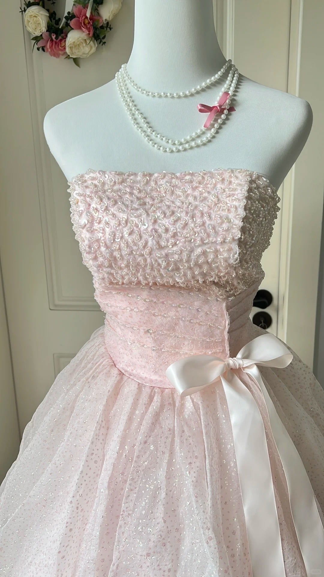 Princess Pink Strapless Bow Sequined Tulle Ball Gown Prom Dress Sweet 16 Dress