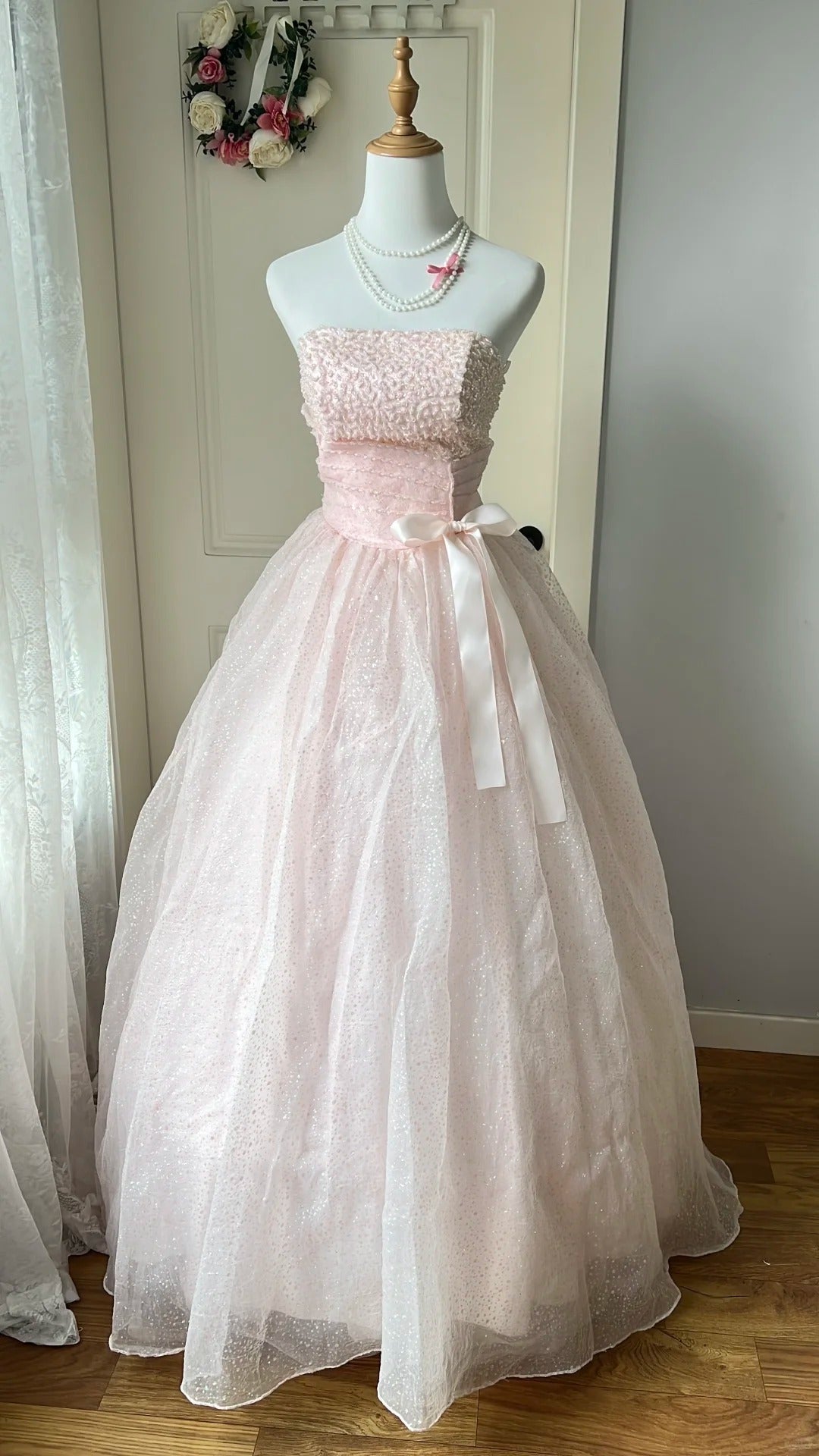 Princess Pink Strapless Bow Sequined Tulle Ball Gown Prom Dress Sweet 16 Dress Main image