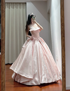 Princess Pink Strapless Ruffled Neck Satin Floor-Length Ball Gown Prom Gown 16Th Birthday Gown