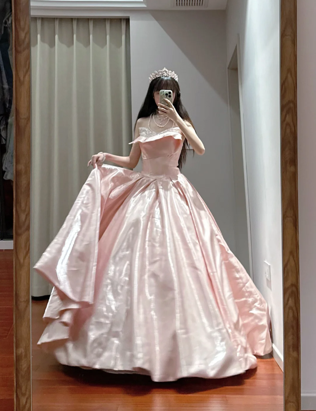 Princess Pink Strapless Ruffled Neck Satin Floor-Length Ball Gown Prom Gown 16Th Birthday Gown