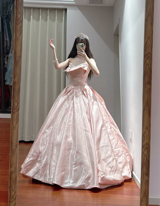 Princess Pink Strapless Ruffled Neck Satin Floor-Length Ball Gown Prom Gown 16Th Birthday Gown