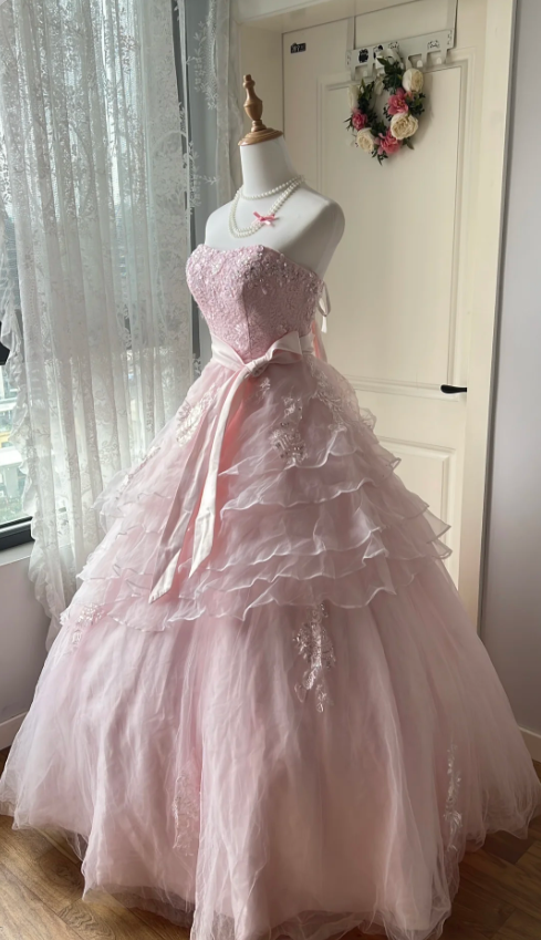 Princess Pink Strapless Tulle Ball Gown Prom Dress